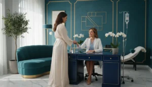 Patient consulting with a wellness clinician about NAD therapy and B12 injections