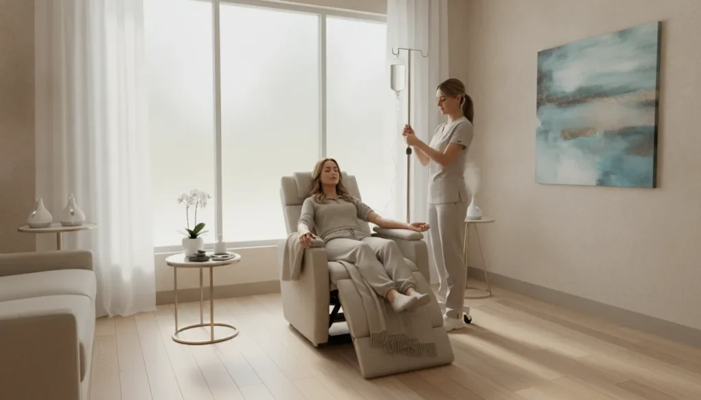 Wellness treatment room in Richmond TX with a client receiving NAD+ IV infusion in a calming spa environment