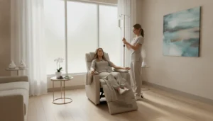 Wellness treatment room in Richmond TX with a client receiving NAD+ IV infusion in a calming spa environment