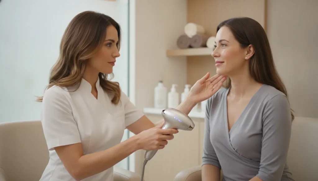 Provider explaining a radio frequency skin tightening device during a skin consultation