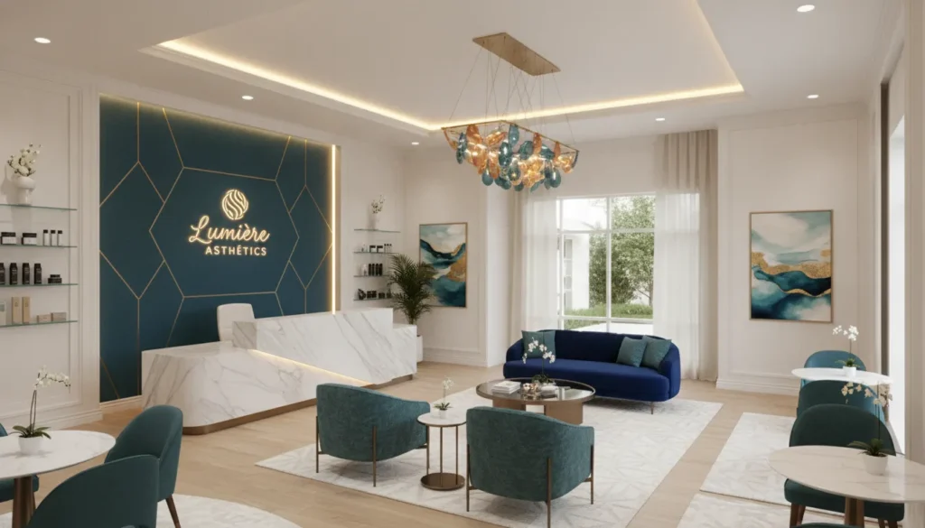 Luxury medical spa interior in Richmond, TX with elegant teal and blue decor