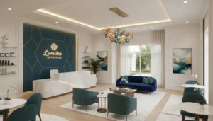 Luxury medical spa interior in Richmond, TX with elegant teal and blue decor