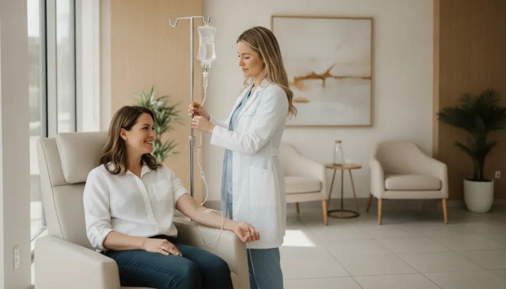Patient speaking with a clinician while preparing for an IV infusion