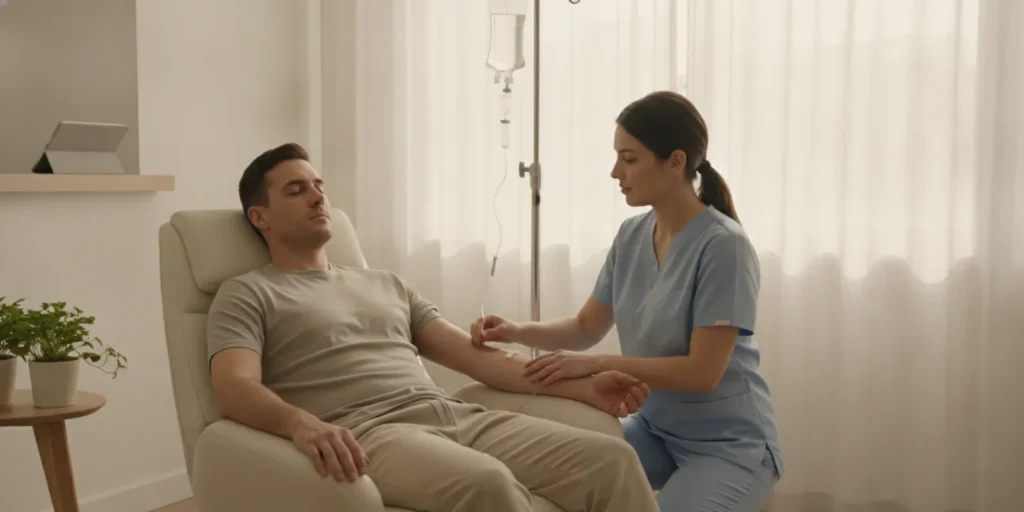 A wellness professional prepares an IV infusion beside a seated client during a consultation.