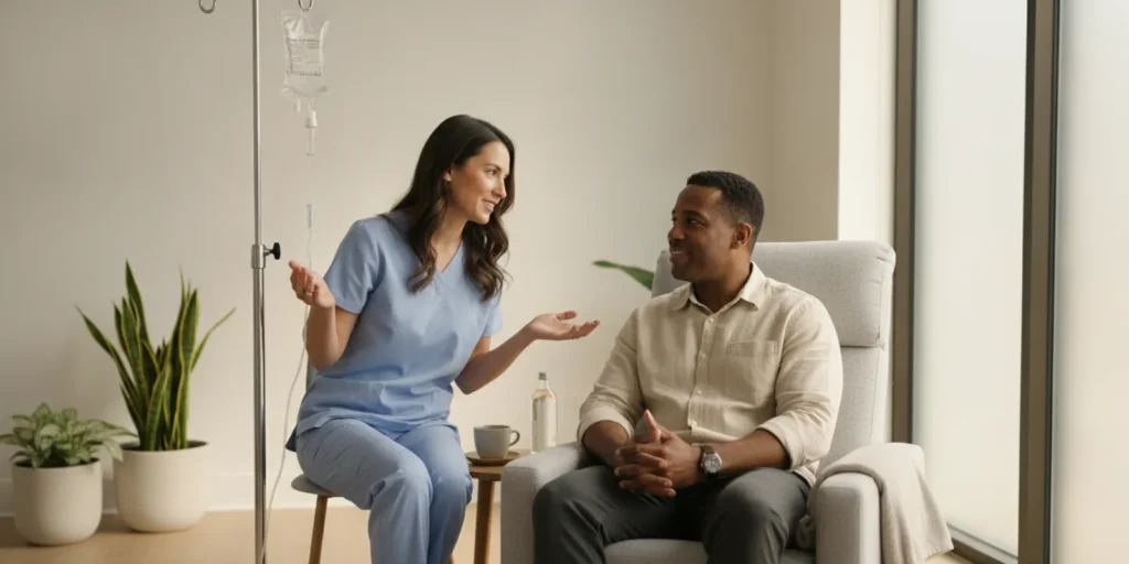 A healthcare professional discussing an IV infusion with an adult client in a calm clinical setting