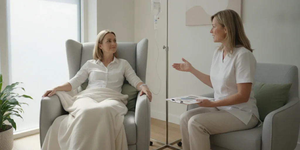 A healthcare professional discussing an IV infusion with an adult client in a calm consultation room