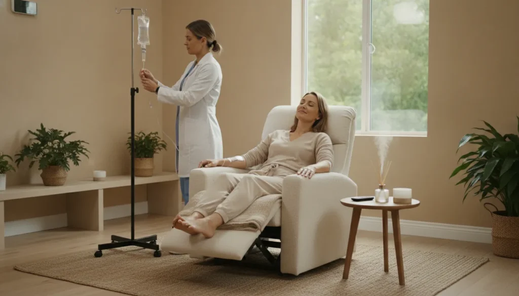 Clinician checking an IV hydration setup while a patient rests in a calm wellness room