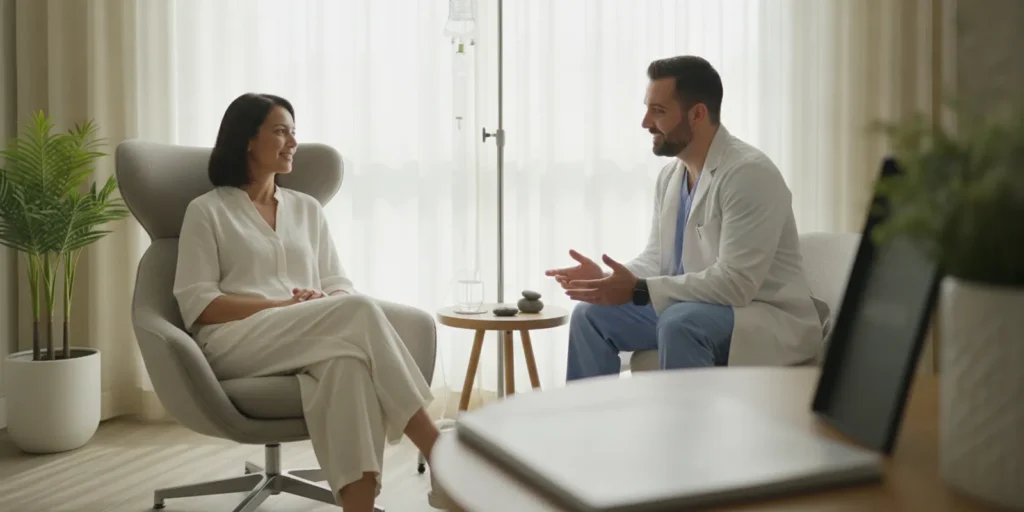A patient speaking with a wellness provider in a calm, bright treatment room