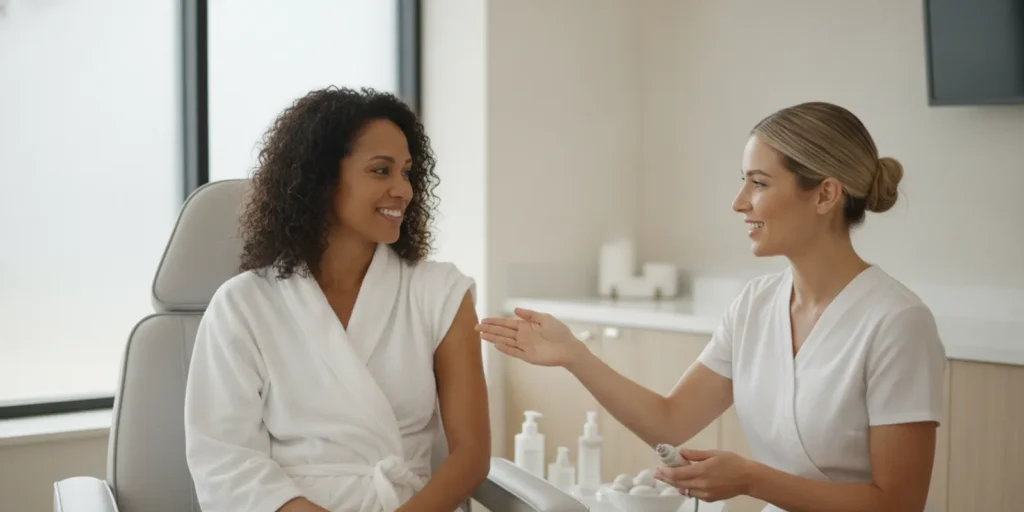 Provider discussing microneedling for stretch marks with a patient