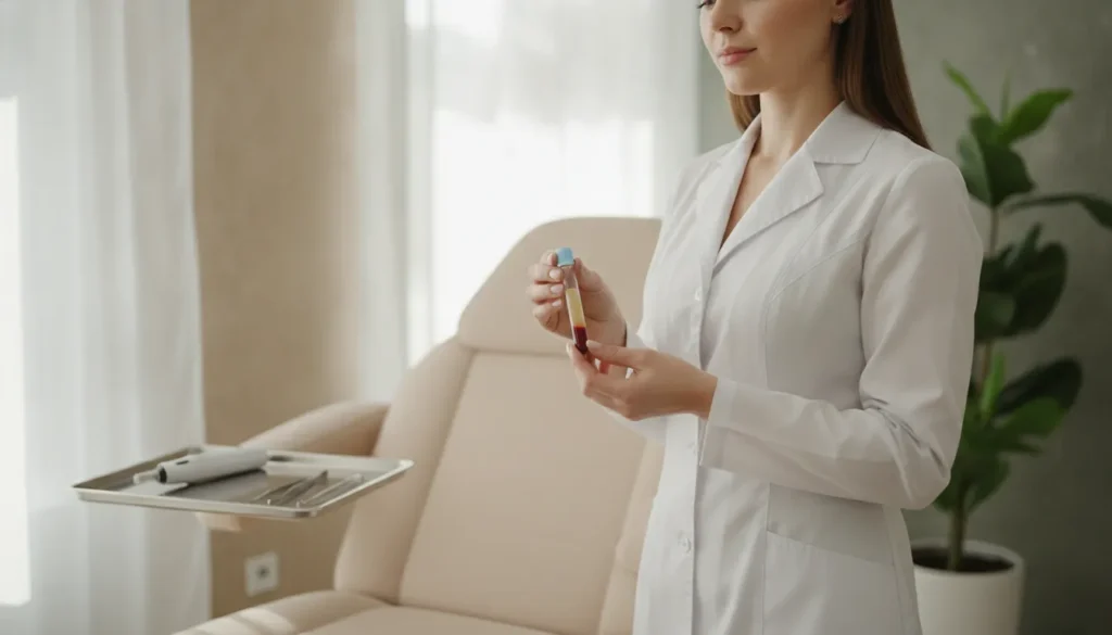 Clinician holding a labeled plasma tube beside a closed microneedling pen in a calm treatment room