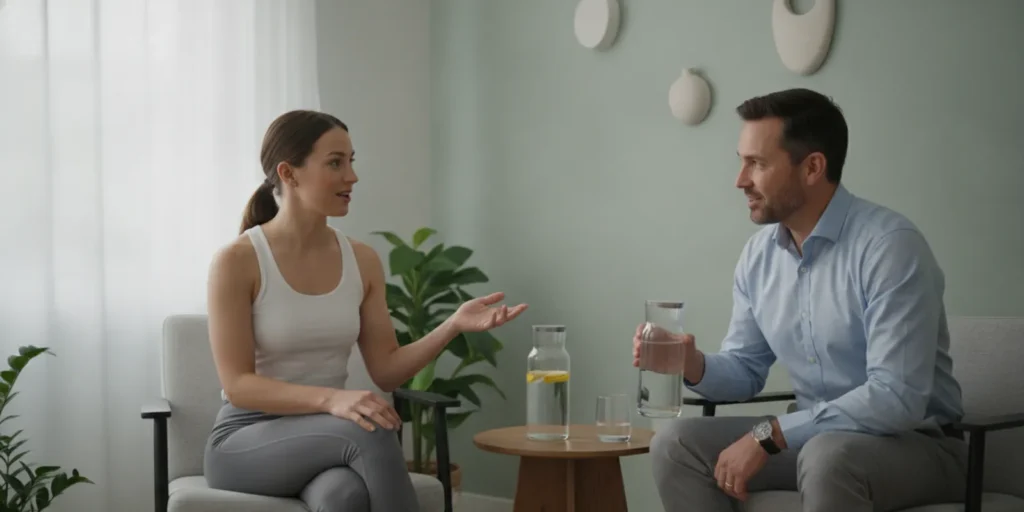 An active adult speaking with a clinician about hydration after exercise