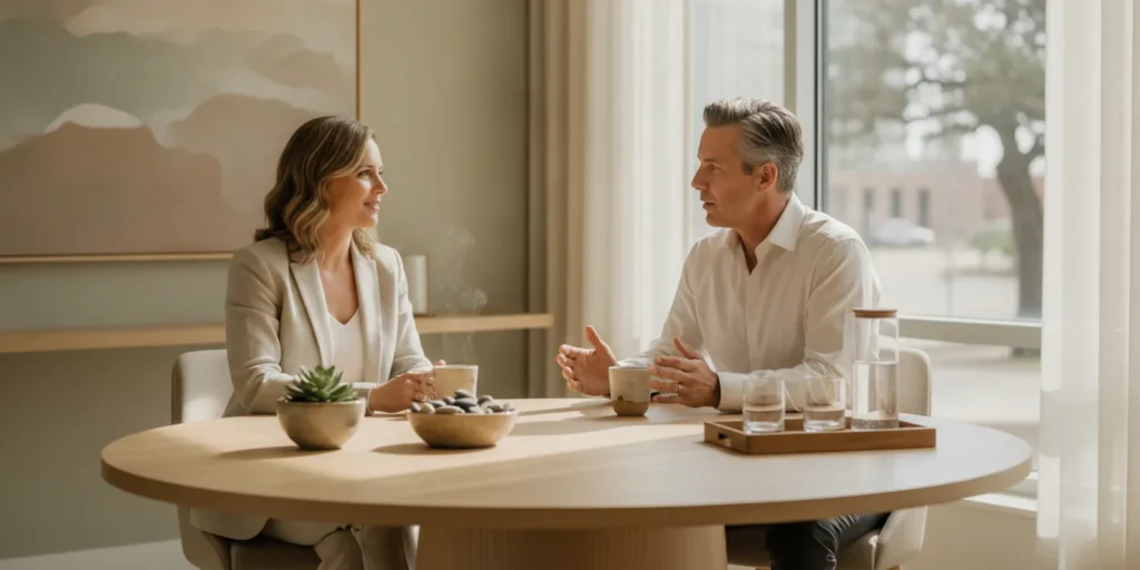 Wellness provider discussing treatment options with an adult client in a calm consultation room
